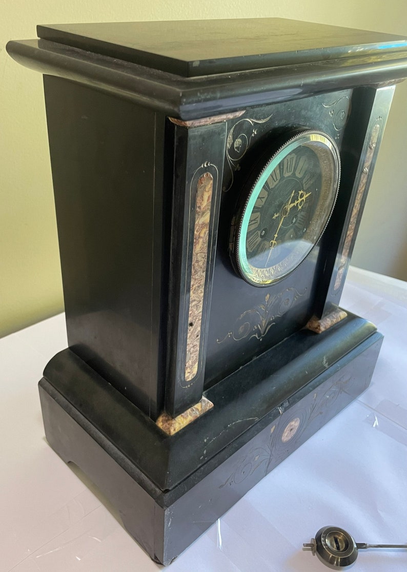 Antique French Black Slate Flower Deco Gong Chime Mantle Clock 14 X 12