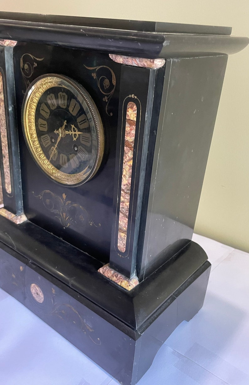 Antique French Black Slate Flower Deco Gong Chime Mantle Clock 14 X 12