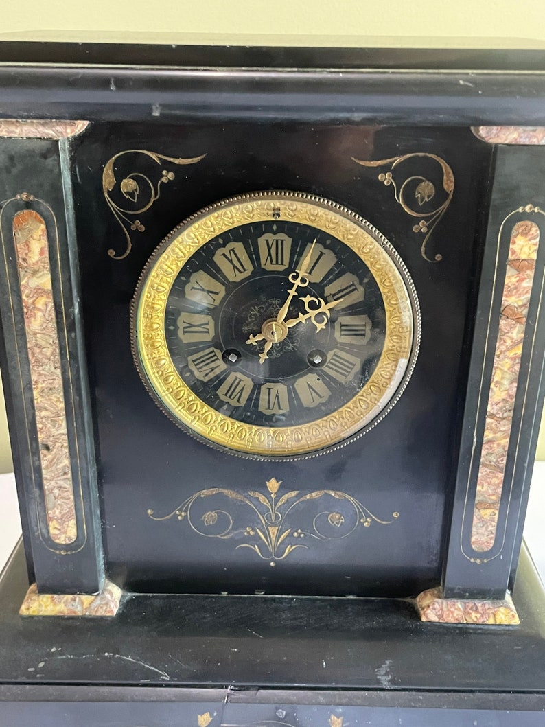Antique French Black Slate Flower Deco Gong Chime Mantle Clock 14 X 12