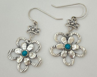 925 Sterling Silver and Turquoise Cabachon Gemstone Flower Dangle Earrings Handmade Boho Flower Earrings, Nature Inspired Floral Earrings