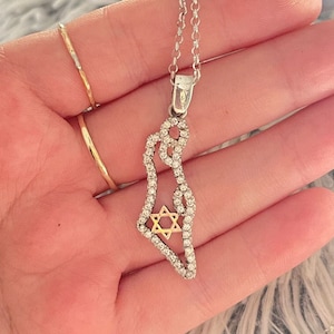 Carte d'Israël faite main en argent sterling 925 avec étoile de David et diamants, bijoux juifs israéliens symboliques