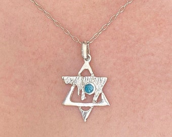 Star of David necklace/ Sterling Silver Turquoise Gemstone Charm Necklace/Chai Jewelry/Chai necklace /Silver Chai and David Star pendant