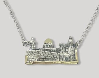 Jerusalem Background Engraved 925 Sterling Silver with 14 Karat Gold Trim and Chain Handmade Necklace Symbolic Jewish Jewelry