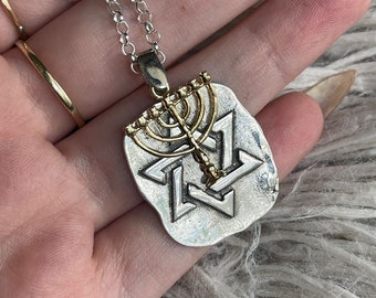 Sterling Silver 925 Star of David Pendant with Gold Plated Menorah Charm Necklace Jewish Jewelry Gift Idea Magen David Jewelry