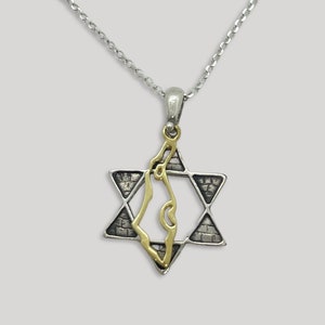 Collier étoile de David en argent sterling 925 avec contour en or 14 carats carte d'Israël Terre sainte Judaica Mur des lamentations Gravure faite main en Israël
