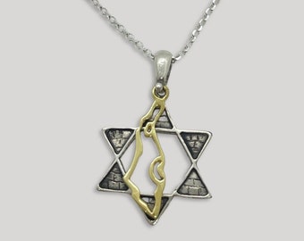 Davidster ketting Sterling Zilver 925 met 14k gouden overzichtskaart van Israël Heilig Land Judaica Westelijke muurgravure Handgemaakt in Israël