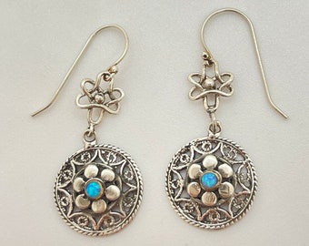 Opal Gemstone Floral Filigree silver detail Earrings Dangle, Vintage Drop, Nature Inspired Earrings Hook Earrings Whimsical Earrings
