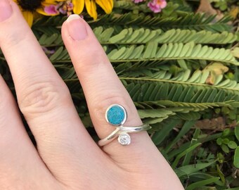 Silver Ring, Blue Turquoise and Cubic Zirconia Crystal ring. Chevron-shaped gemstone, Turquoise and CZ ring, stacking ring,925 Silver ring