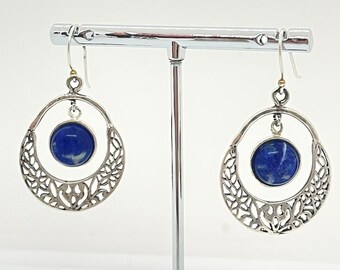 Sterling Silver, Lapis Lazuli Gemstone Dangle Earrings Boho Cresent Mandala Spiritual Hanging Earrings Round Filigree Earrings