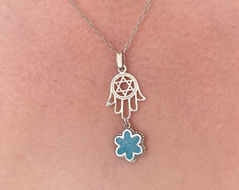 Hamsa and Star of David Necklace, Sterling Silver Turquoise Gemstone, Star of David Charm Necklace, Floral Jewelry, Kabbalah necklace