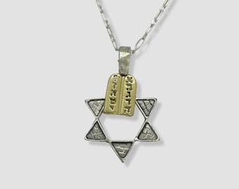 Jerusalem "Kotel" Wall Magen David with Ten Commandments Necklace 925 Sterling Silver with Gold Plated Symbolic Jewish Jewelry