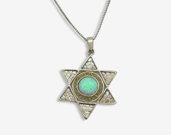 Sterling Silver 925 Star of David Charm with Opal Gemstone and Gold Filigree Necklace Jewish Jewelry Gift Idea Magen David Jewelry