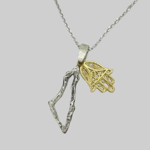 Carte d'Israël faite main en argent sterling 925 avec breloque Hamsa en filigrane plaqué or 14 carats, bijoux juifs israéliens symboliques faits main en Israël