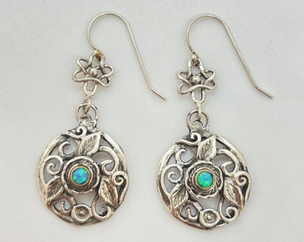 Opal Gemstone Intricate silver detail Earrings Dangle, Vintage Drop, Nature Inspired Earrings Hook Earrings Whimsical Earrings