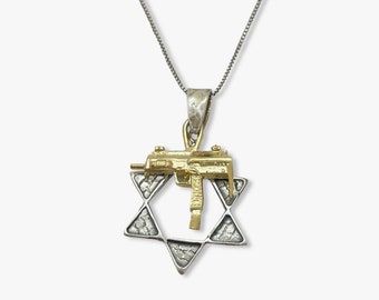 925 Sterling Silver Star of David with Jerusalem Stone Engravings with gold plated "Uzzi" Machine Gun Symbolic Jewish Jewelry