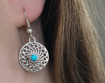 Sterling Silver, Turquoise Filigree Dangly Earrings, Boho Earrings Lightweight Filigree Jewelry, Mandala Earrings, Statement Earrings