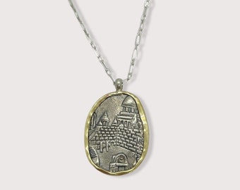 Jerusalem Background Engraved 925 Sterling Silver with 9 Karat Gold Trim Handmade Necklace Symbolic Jewish Jewelry