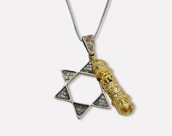 Sterling Silver 925 Star of David Jerusalem Stone Engraved Pendant with Gold Plated Mezuzah Charm Necklace Jewish Jewelry Gift Idea Jewelry