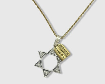 Jerusalem "Kotel" Wall Magen David with Ten Commandments Necklace 925 Sterling Silver with 14 Karat Gold Chain Symbolic Jewish Jewelry