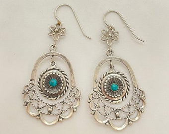 Sterling Silver Turquoise Gemstone Chandelier Earrings, Handmade Textured Earring Bohemian earrings, Mandala Ethnic earrings Tribal Filigree