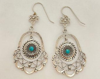 Sterling Silver Turquoise Chandelier Earrings: Handmade Filigree Dangles