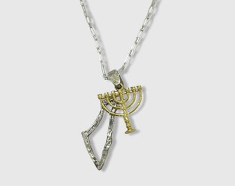 925 Sterling Silver Map of Israel and Gold Plated Menorah Charms Necklace Symbolic Jewish Jewish/Israeli Jewelry