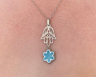 Hamsa Turquoise Pendant/925 necklace/Jewish Jewelry/ Floral Necklace/ Silver and turquoise Hamsa necklace//Hand of Fatima/yoga jewelry