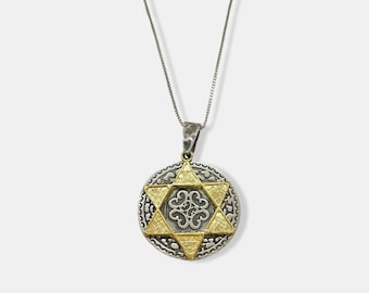 Sterling Silver 925 Circle Pendant with Gold Plated Star of David Charm Necklace Jewish Jewelry Gift Idea Magen David Jewelry