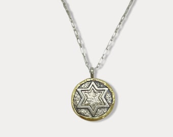 Western Wall Engraved with Hebrew Prayer "Shema Yisrael" Star of David 925 Sterling Silver with 9 Karat Gold Trim Handmade Necklace