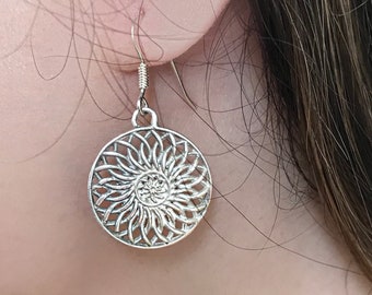 Sterling Silver Mandala Dangle Bohemian Filigree Hanging Earrings Drop Pendant Earrings Flower of Life Jewelry