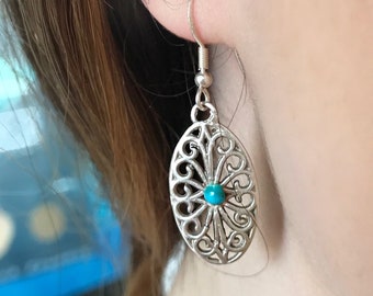 Sterling Silver and Turquoise Lace Earrings,  Bohemian earrings, Filigree Geometric Dangle Earrings, Turquoise statement earrings