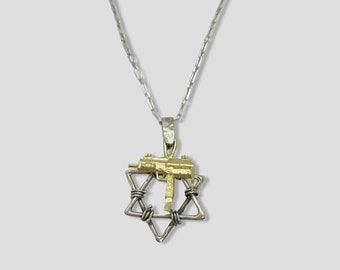 Twisted Wire Magen David with Uzzi Machine Gun Necklace 925 Sterling Silver with Gold Plating Necklace Symbolic Jewish Jewelry