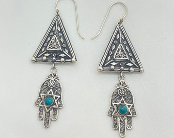 Sterling Silver and Turquoise Gemstone Hamsa/Hand of Fatima and Triangle Filigree Earrings, Boho Spiritual Hanging Earrings