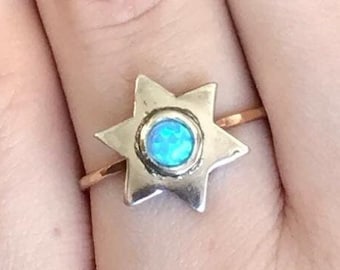 Blue opal ring/ Star of David Hammered Ring/ Two Toned 925 Sterling Silver 14K Gold ring/ Judaica Jewelry