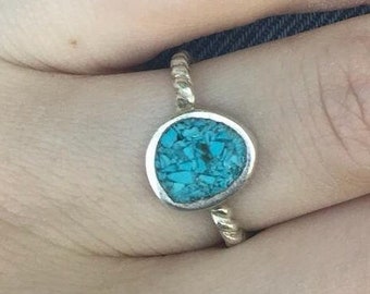 Sterling Silver Twisted Wire Band with Blue Turquoise Gemstone Unique Vintage Raw Turquoise dainty silver