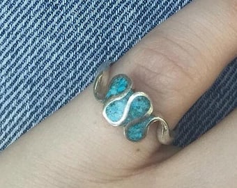 Silver and Turquoise Inlay Ring Chunky Ring Bohemian Gemstone Ring Turquoise Jewelry December birthstone ring Stacking rings