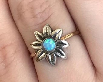 Flower rings, Opal Gemstone Floral Ring, Hammered Two Toned Sterling Silver 14K Gold, Oxidized Ring, Dainty Gemstone Ring , blue opal ring