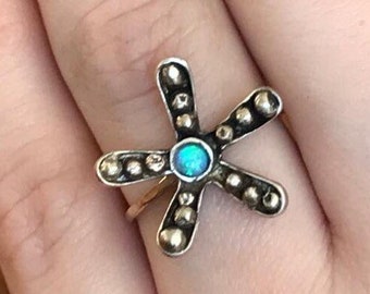 Opal Gemstone Starfish Ring, Two Toned Sterling Silver 14K Gold, Hammered Ring, Hippie Chic Ring ,blue opal ring, ocean ring