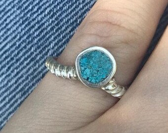 Sterling Silver Rope Band with Blue Turquoise Gemstone / Boho jewelry for women/stacking rings/turquoise ring/925 sterling silver