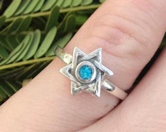 Handcrafted Sterling Silver Star of David Ring with Turquoise