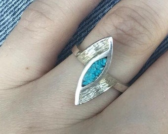 Unique Marquise Shaped Gemstone Ring / Hand Crafted Geometric ring/  925 Sterling Silver and Turquoise Inlay Ring for Women