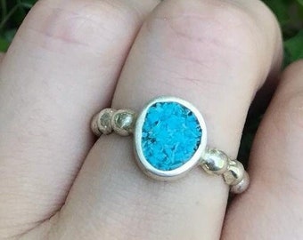 925 Sterling Silver and Blue Turquoise Ring for Women / Hand Crafted Bubble Ring /Turquoise solitaire ring/Classic ring