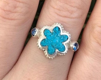 Sterling Silver 925 Ladies' ring ,Handcrafted, Flower -Style, Blue Turquoise, Dark Blue Corundum Stones, Flower ring