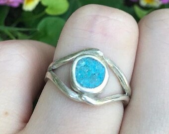 Eye Shaped 925 Sterling Silver and Turquoise Ring for Women /Silver Split Band Ring /Silver Fashion Ring /Genuine turquoise ring