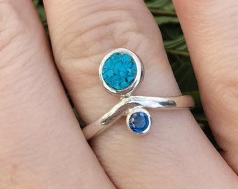 925 Sterling Silver Chevron Ring for Women with Blue Turquoise & Blue Corundum/Blue stone ring/multi stone ring