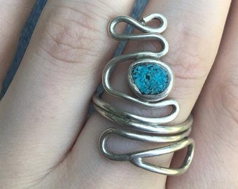 Sterling Silver Turquoise Ring for Women, Handcrafted Large swirl Asymmetrical Ring ,Turquoise statement ring, Boho Silver swirl ring ,925