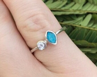 Sterling Silver Ring for Women / Blue Turquoise and Cubic Zirconia Crystal ring /Handcrafted Silver Ring with Turquoise & CZ/marquise ring