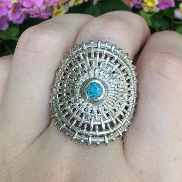 Large Mandala ring/ 925 Sterling Silver and Turquoise Ring/Gifts for her | Handmade rings /Statement Ring | Boho ring/silver filigree rings