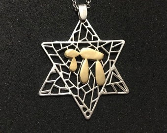 925 Sterling Silver Star of David with 14k gold plated "Chai" Symbol Jewish Jewelry