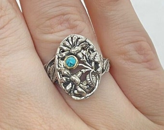 Vintage Style Handmade Botanical Ring - Turquoise Gemstone 925 Sterling Silver Bohemian Hippie Gemstone Jewelry Solitaire Ring